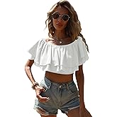 OYOANGLE Women's Off Shoulder Short Sleeve Ruffle Blouse Summer Vacation Crop Tops