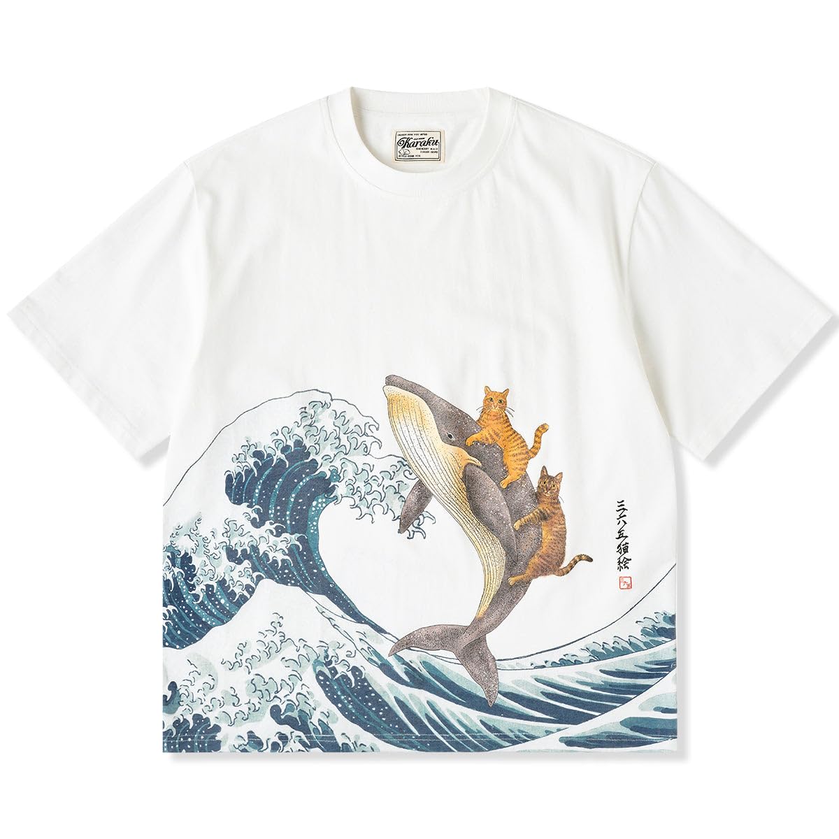 KARAKU Tシャツ 半袖 メンズ 「KaraKuｘ365CAT.ART」鯨と泳ぐ猫 浮世絵柄コットンTee 柔らかい 涼しい ァッション シンプル オシャレ