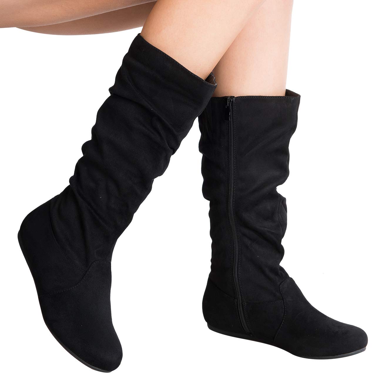 Olivia K Womens Low Heel Mid-Calf Slouchy Suede Slip On Casual Boots with Side Zipper - Image 5