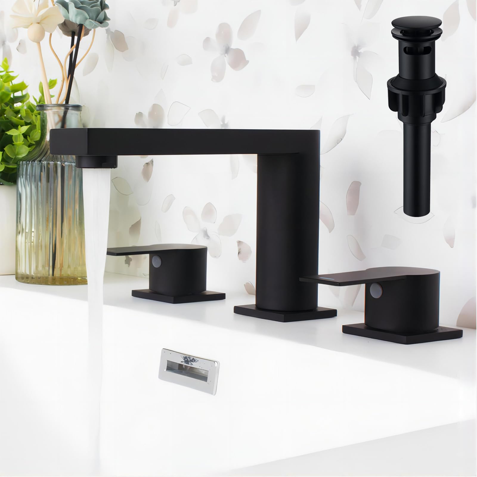 Photo 1 of SevenGelok Black Bathroom Faucet 3 Hole Widespread Bathroom Faucet 8 Inch with Sink Pop Up Drain with Overflow Set Two Handles SUS304 Stainless Steel Vanity Faucets 8-12 Inches Matte Black, SFD4+SD-BK