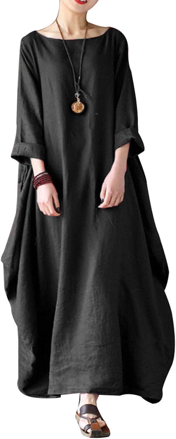 Celmia Autumn Solid Loose Long Maxi Dress Cotton Caftan
