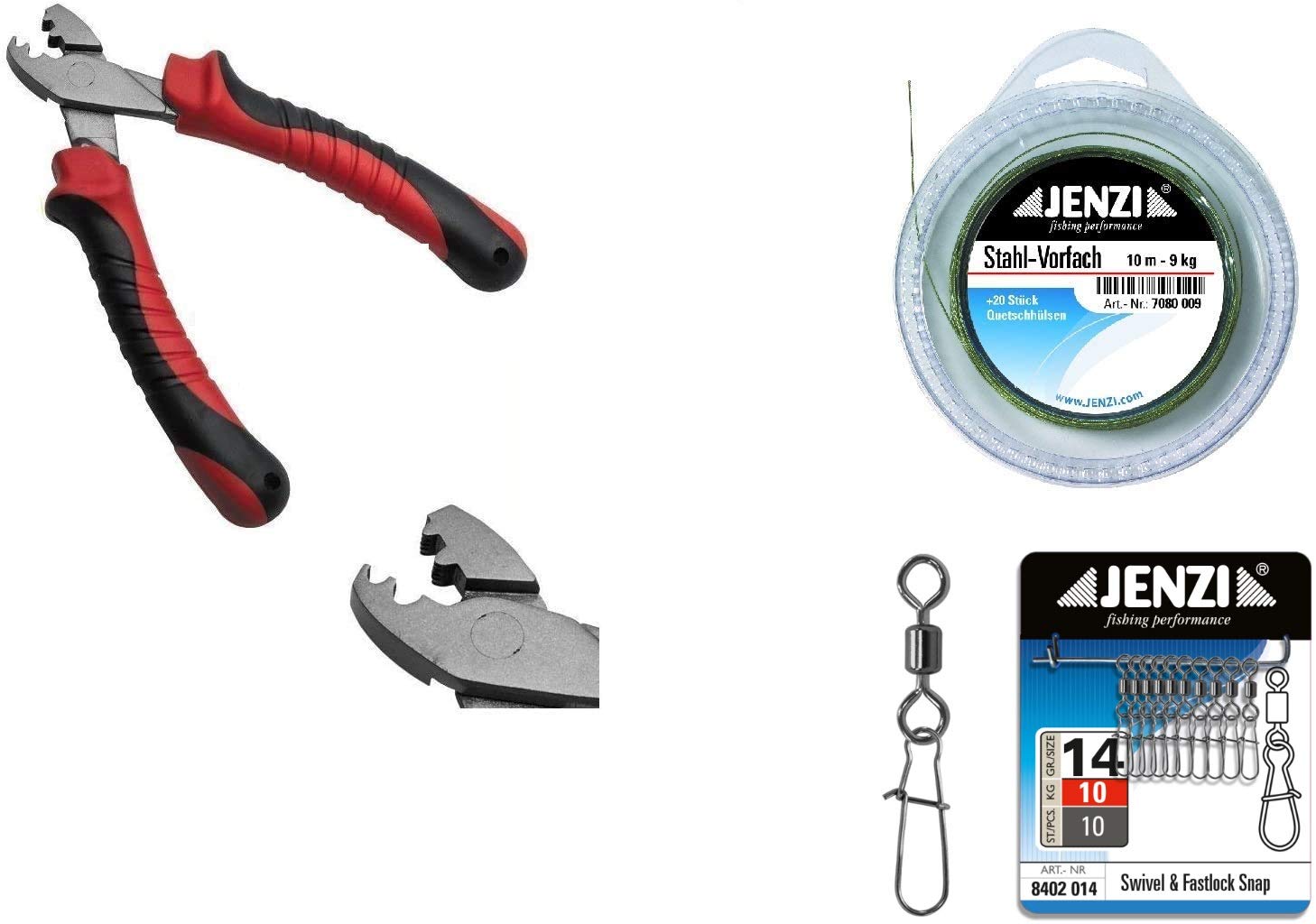 Leader set 1 x steel leader 9 kg, 10 m coated, 20 crimping sleeves, 10 carabiners with swivel clamping sleeve pliers and Petri Heil! sticker.