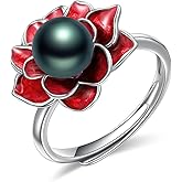 Black Pearl Ring for Women 925 Sterling Silver Tahitian Pearl Flower Adjustable Ring Freshwater Cultured Jewelry Gifts for Women