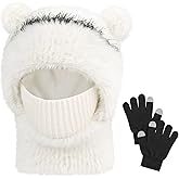 ZOORON Kids Winter Hat Gloves Scarf Set- Kids Beanie Mask with Cute Bear Pom Warm Fleece- Neck Warmer Fleece Lined Set