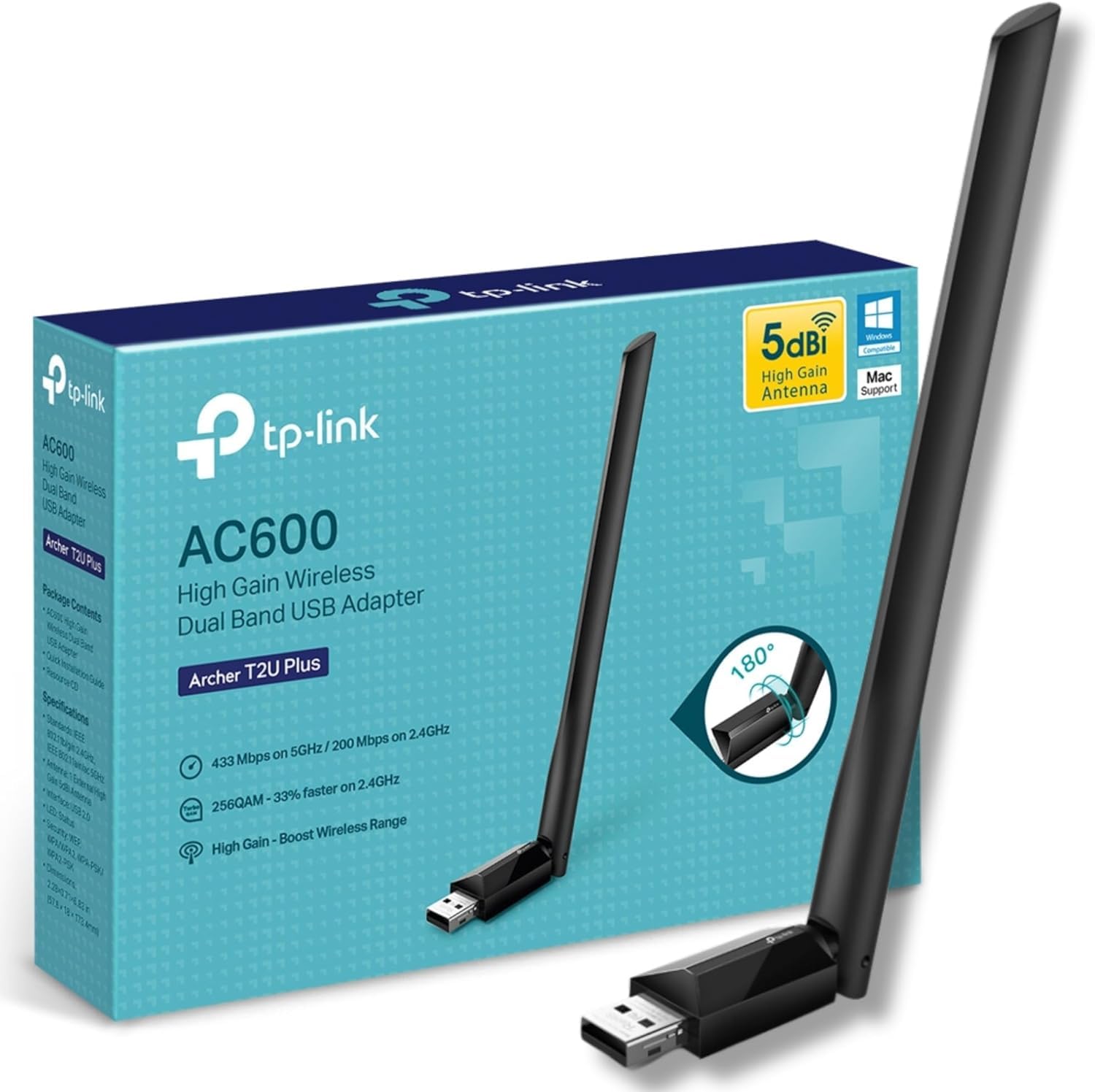 Tp-Link Archer T2U Plus Wifi Dongle, Wifi Adapter For Pc, Ac600 High Gain Wireless, High-Gain Antenna, Dual Band Wireless, Usb Wifi Adapter For Pc, Usb Wifi Dongle, Supports Win/Mac Os X, High-Speed