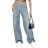 Allimy Womens Drawstring High Waist Wide Leg Jeans Straight Leg Washed Denim Jeans Pants
