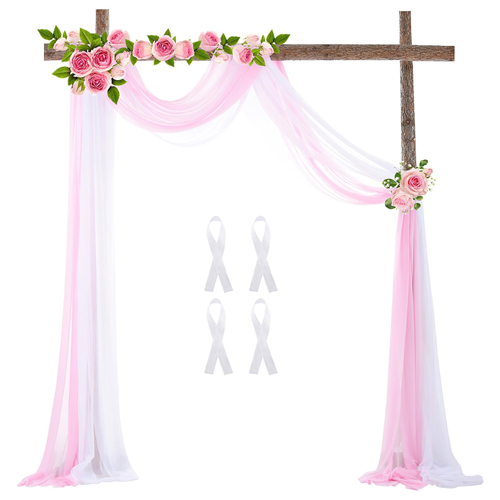 Wedding Arch Sheer Drapery Backdrop Voile Curtain Chiffon Draping Fabric 20Ft Sheer Curtains Arbor Drapery for Wedding Ceremony Reception Party Ceiling Decor, White and Pink, 2 Panels