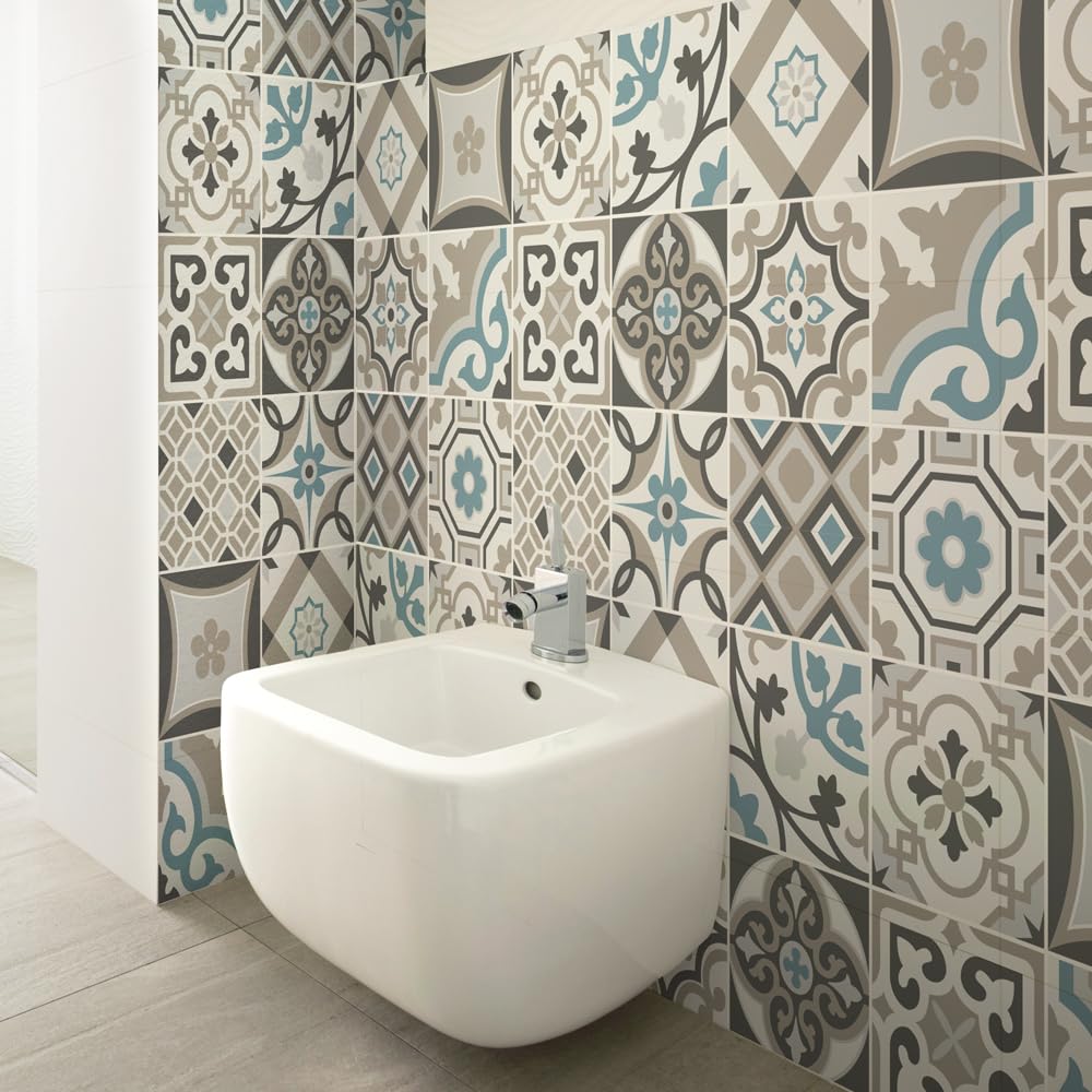 RE-COVERTILES - Tile Stickers for Bathroom and Kitchen 24 Pcs 10x10 cm - PS00211 Wall decoration in waterproof PVC mosaic tiles style Azulejos cement tiles
