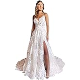 Loravita Lace Applique Wedding Dresses for Bride Spaghetti Straps V Neck Bridal Dress Backless Bridal Gown with Slit