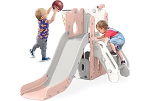 BIERUM 7 in 1 Toddler Slide, L-Shaped Baby Slide for Toddlers Age 1-3 with Basketball Hoop, Ring Toss, Storage Space, Outdoor Indoor Slide Playset Toddler Playground Pink Gray