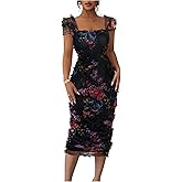 SHENHE Women's Floral Garden Party Dress Ruffle Trim Square Neck Cap Sleeve Mesh Bodycon Midi Dresses