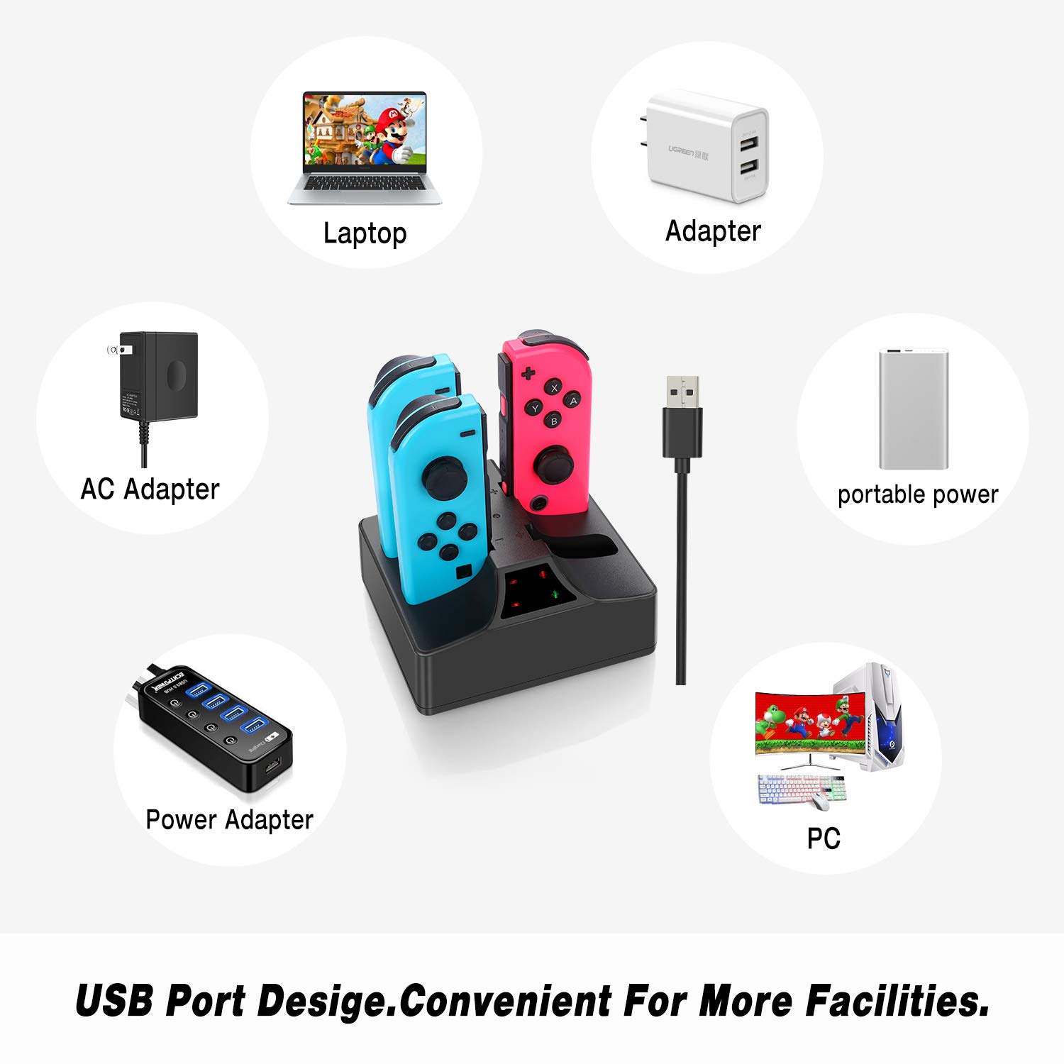 Switch Controller Charger, Joy con Charging Dock Station for Nintendo Switch Joycon and Pro Controller with 5ft Type C Cable