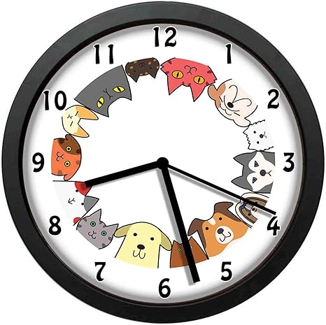 Amazon Co Jp 友好的な猫と犬は一緒にサークル幸せそうな顔イラスト漫画スタイルミュート 約30 Cm 12インチ 部屋 寝室 キッチン 壁掛け時計 ギフトとして推奨 ホーム キッチン