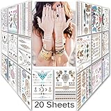Lady Up Mix Style 20 sheet 150+ designs Body art Temporary Tattoos paper,Premium Metallic Flash Gold Silver and Multi-Colored Waterproof Tattoo for women kids or men 21X15cm/p