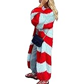 LETSVDO Women's Color Block Long Cardigan Open Front Oversized Striped Knit Slouchy Duster Chunky Sweater Coat