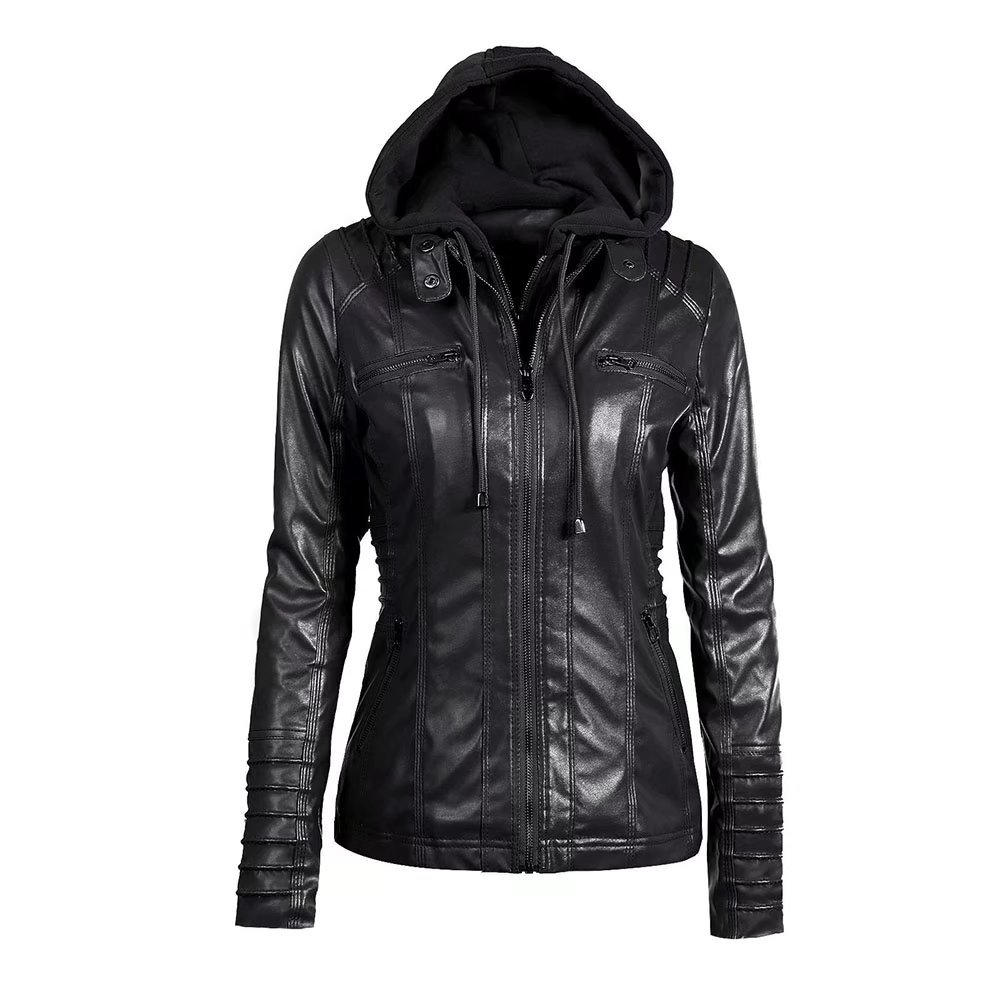 FOUNDO Women's Hooded Faux Leather Motorcyle Jacket Detachable Outerwear XS-7XL