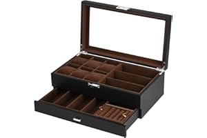 Baskiss 6 Slots Watch Box and Eyewear Sunglass Luxury Storage Box, 2-Layers Solid Wood Watch Display Storage Case Jewelry Org