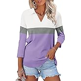 TICTICMISS Womens V Neck Polo Shirts 3/4 Sleeve Collared Tops Business Casual Summer Tops Trendy Loose