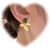 W WEILIRIAN Vintage Square Emerald Earrings Gold Flower Drop Earrings Green Crystal Stud Earrings Green Cz Earrings Metal Flower Earrings Jewelry for Women