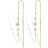925 Sterling Silver Threader Dangle Earrings for Women - Long Earrings Dangle Chain Drop Earrings Dangling, Dainty Elegant Dangly Ear Chain with Tassel and Cubic Zirconia for Prom Wedding Trendy Jewelry Accessories