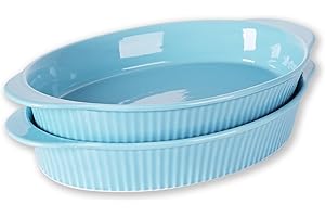 LEETOYI Porcelain 9x13 Large Oval Au Gratin Pans,Set of 2 Baking Dish Set for Servings, Bakeware with Double Handle for Kitchen and Home (Turquoise)
