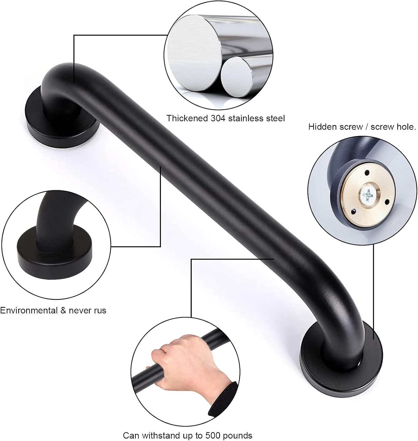 smart-hormarket 12 Inch Shower Grab Bar Black Stainless Steel Bathroom Balance Bar Safety Hand Rail Support for Handicap, Bath Handle, Elderly, Disabled, Injury, 2 Pack: Health & Personal Care