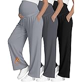 Yearntown 3 Pack Fleece Lined Maternity Pants Pregnant Lounge Pants Wide Leg Casual Sweatpants with Drawing and Pocket