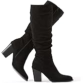 Putu Women's Pointed Toe Knee High Boots Faux Suede Slouch Boots with Chunky Heel