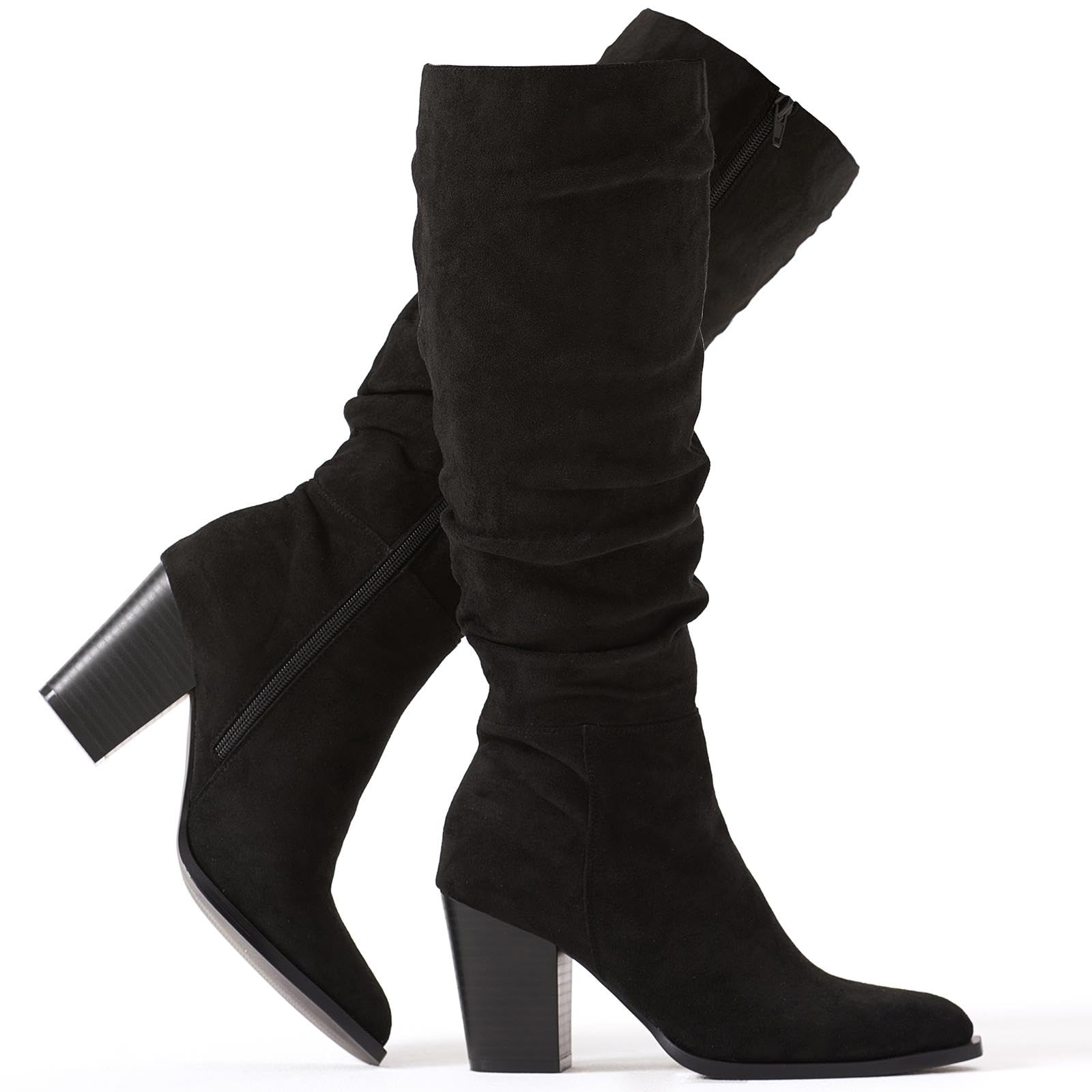 Photo 1 of Putu Women's Pointed Toe Knee High Boots Faux Suede Slouch Boots with Chunky Heel Black Size 9