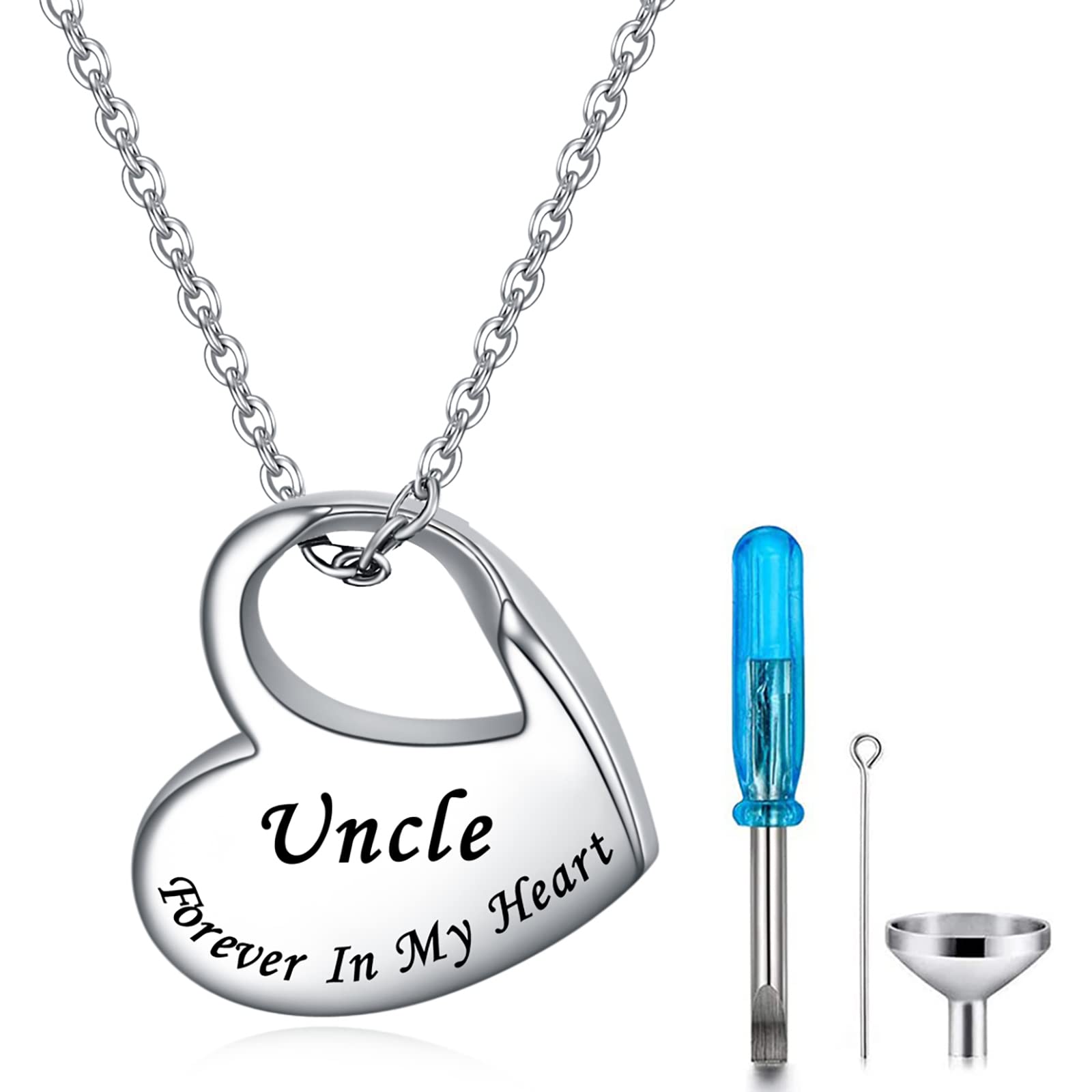 YOTHIWAD Heart Urn Necklace for Ashes Cremation Jewelry Forever in My Heart Engraved Stainless Steel Keepsake Waterproof Memorial Pendant for loved One with Filling Kit(Uncle)
