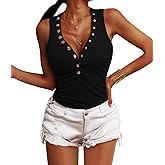 Jauoop Women's V Neck Tank Tops Summer Ribbed Sleeveless Henley Shirts Sexy Low Cut Button Down Cami Knit Tees