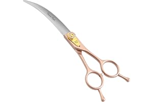 Fenice Peak 45° Extra Curved Dog Grooming Scissors 440C Stainless Steel 7.5'' Big Arc Curved Shears Rose Gold Sharp and Durable Trimming Scissors for Dogs and Cats