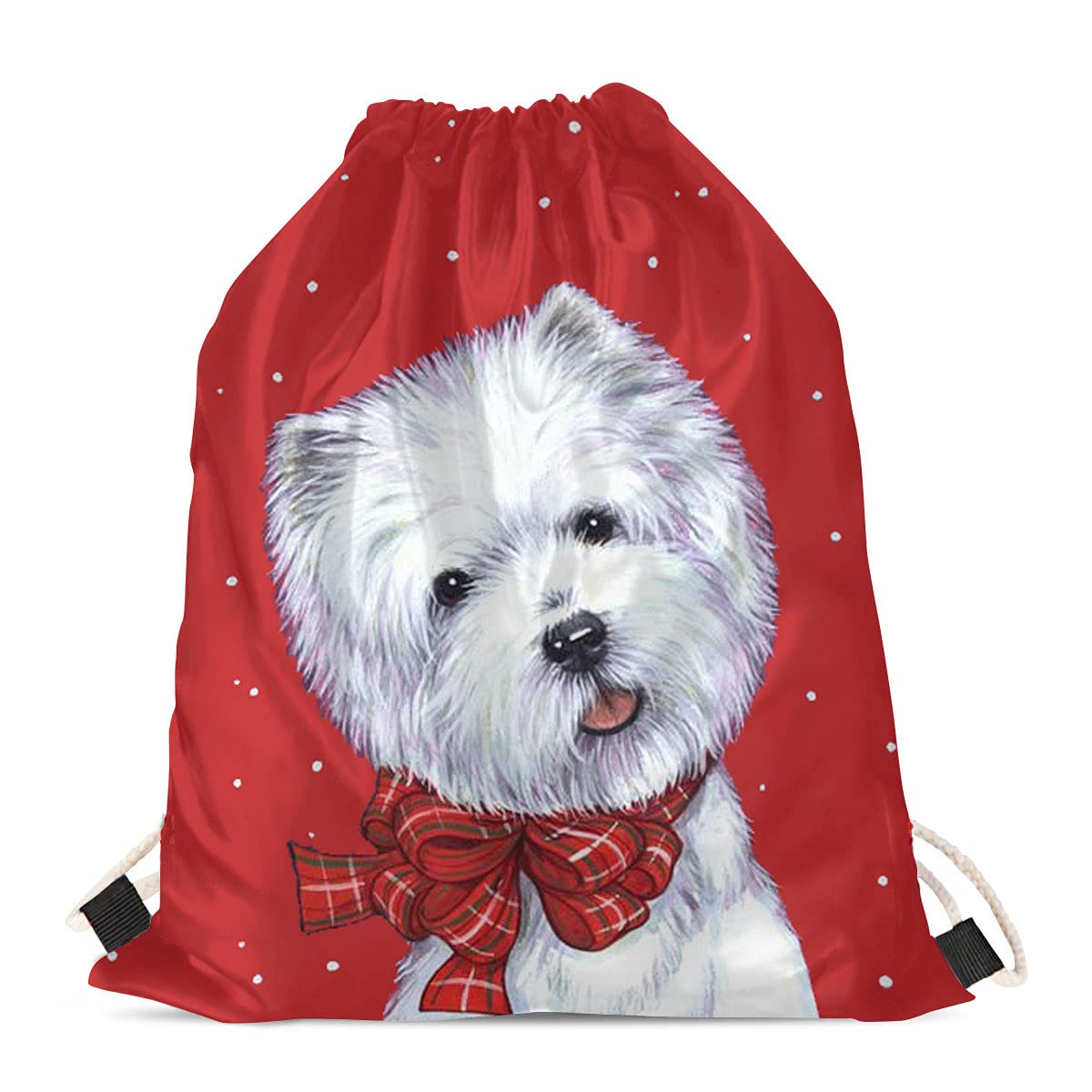 Showudesigns Christmas Drawstring Bag Kids Girls Outdoor Travel Storage Daypack Women Children Swimming PE Bag Cinch Sack Cute Dog Westie Red