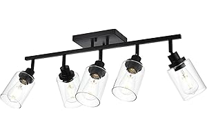 Wanluce 5-Light Track Lighting Kit Black Track Lighting Fixtures Bathroom Wall Sconces Ceiling Mount Kitchen Tracking Lights, Rotatable Spotlight with Clear Glass Shade for Kitchen Shop Hallway