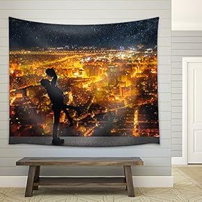 Silhouette of Asian Couple, Man Hold His Girlfriend Up Above The City in Night Under Stars. - Fabric Wall Tapestry Home Decor - 51x60 inches
