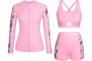 3 Piece Swimsuits for Women Long Sleeve Rash Guard Bathing Suit with Boyshorts Modest Zip Up Swim Shirt with Built in Bra