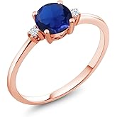 Gem Stone King 10K Rose Gold Blue Created Sapphire and White Created Sapphire Solitaire Engagement Ring For Women (0.78 Cttw, Round 6MM, Gemstone September Birthstone)