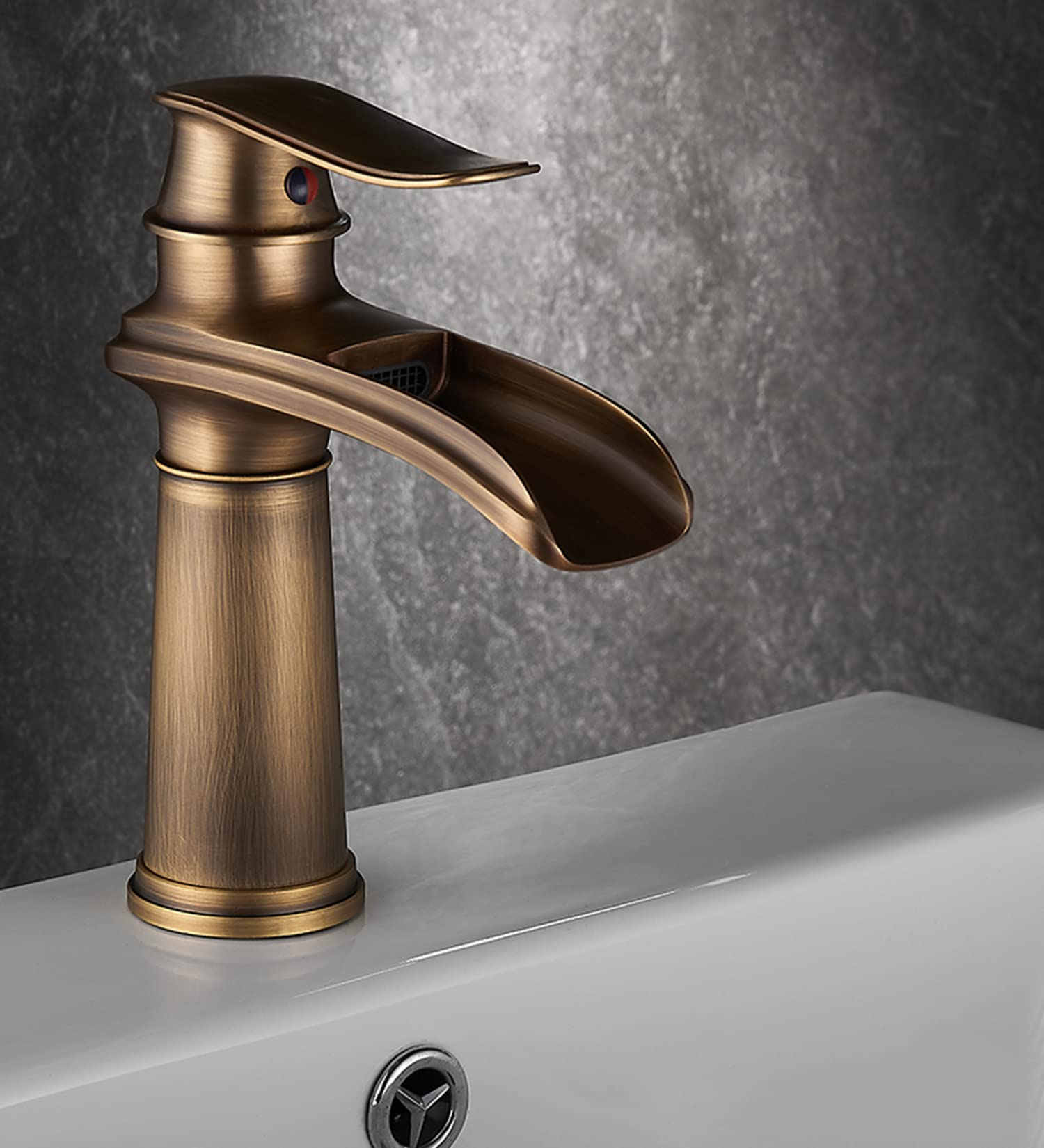Bathroom Taps,Brass Waterfall Widespread Single Handle One Hole Bathroom Tap with Hot and Cold Switch (Antique-Low)