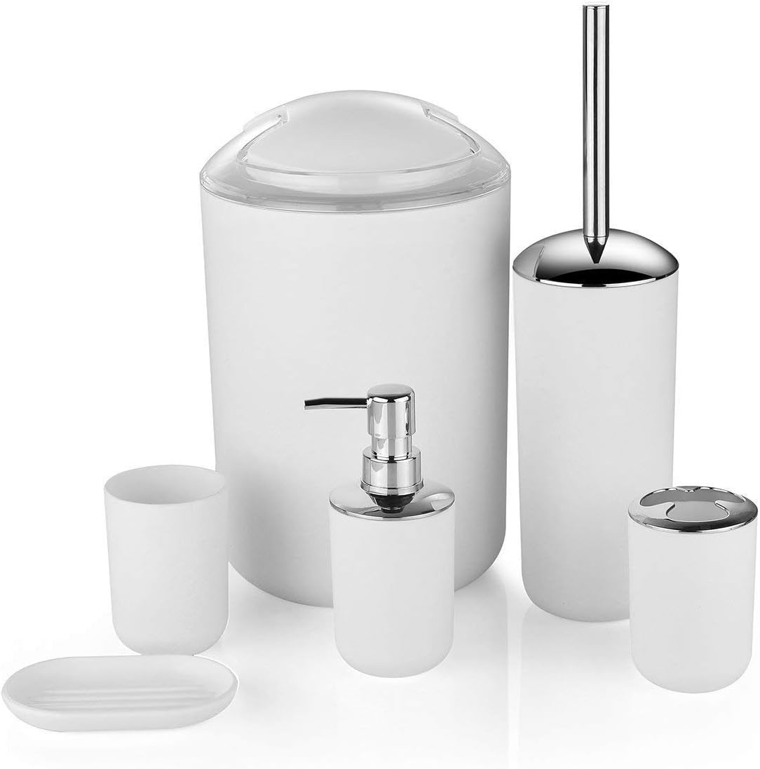 Mufira Modern Design 6 Piece Bathroom Accessory Set - Toilet Brush, Waste Bin, Soap Dish, Tooth Brush Holder, Soap Dispenser, Rinse Cup (White)