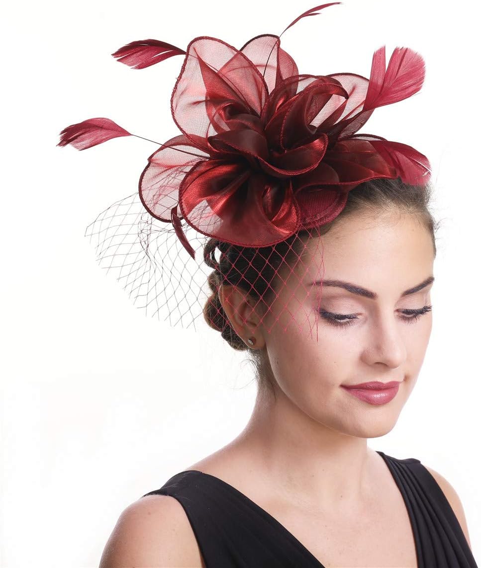 SAFERINFascinator for Women Hair Clip Hat Bowler Feather Flower Veil Wedding Party Hat Tea Hat