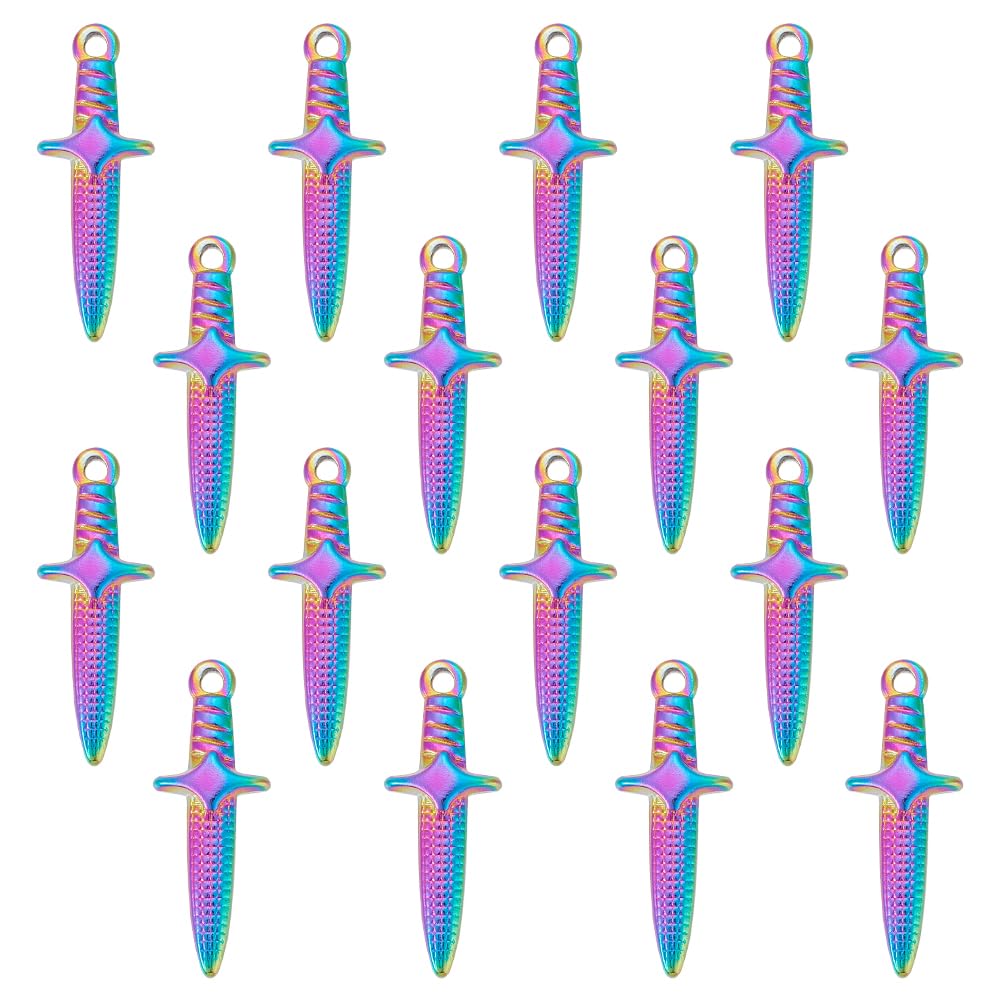 UNICRAFTALE 16Pcs Rainbow Sword Pendants 24.5mm Stainless Steel Dagger Charms Punk Earring Sword Charms Metal Bracelets Charm for DIY Jewelry Making