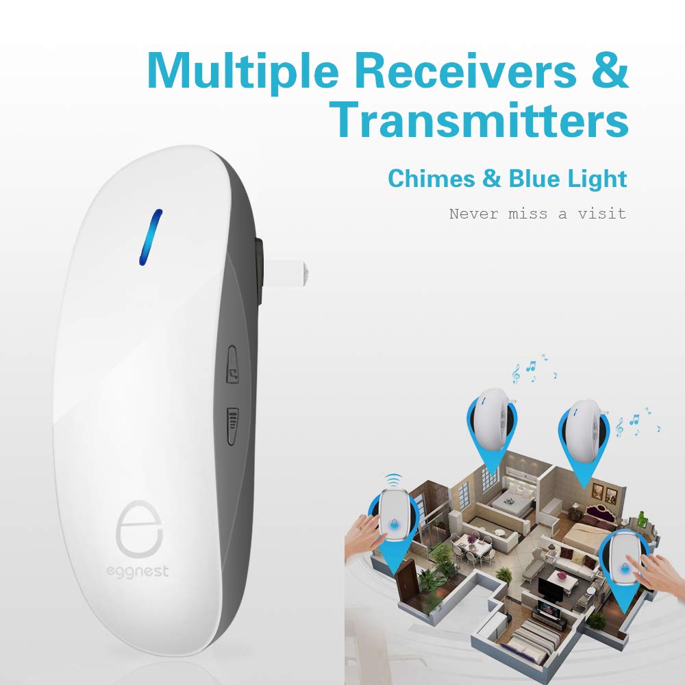 Wireless Doorbell Door Chime Kit Portable Waterproof Push Button over 900ft Long Range 4-Level Volume & Blue Light 36 Melodies to Choose 1 Transmitters 1 Receivers-White