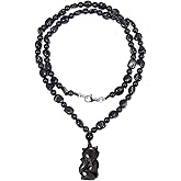 GENASTO Obsidian Crystal Fox Necklace for Men Women Rainbow Obsidian Fox Pendant with Black Tourmaline Crystals Beads, Handmade Energy Stone Bead Necklace Amulet Jewelry Christmas Gift for Him