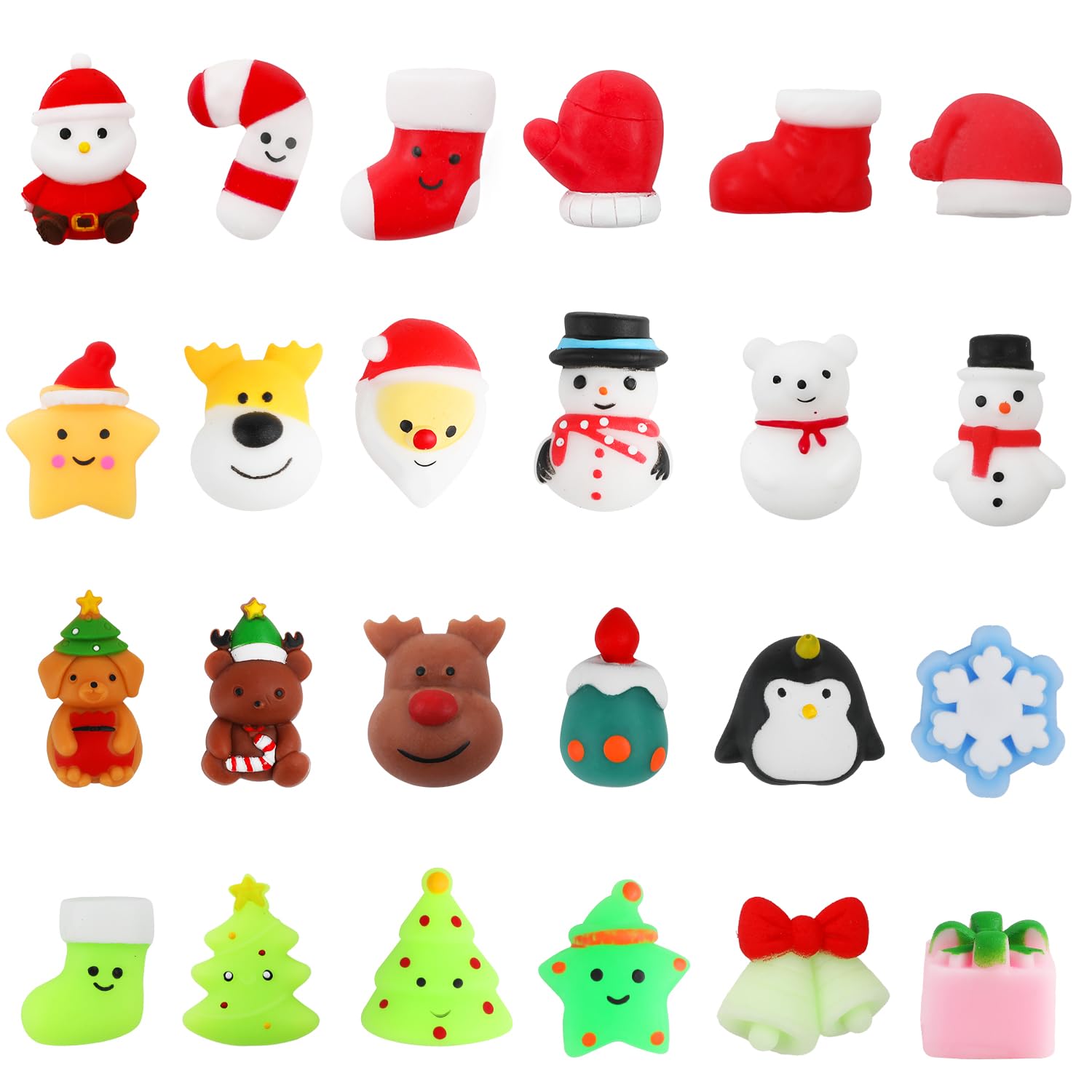 DERAYEE 24 PCS Christmas Mochi Squeeze Toys, Squishy Toys Stress Relief Toy Tree Santa Claus Bear Goody Bags Filler Gifts for Party Favors