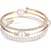 Yissw Open Layered Simulated Pearl Wide Crystal Bracelet Multilayer Glaring Rhinestone Cuff Bangles Jewelry for Women Girls