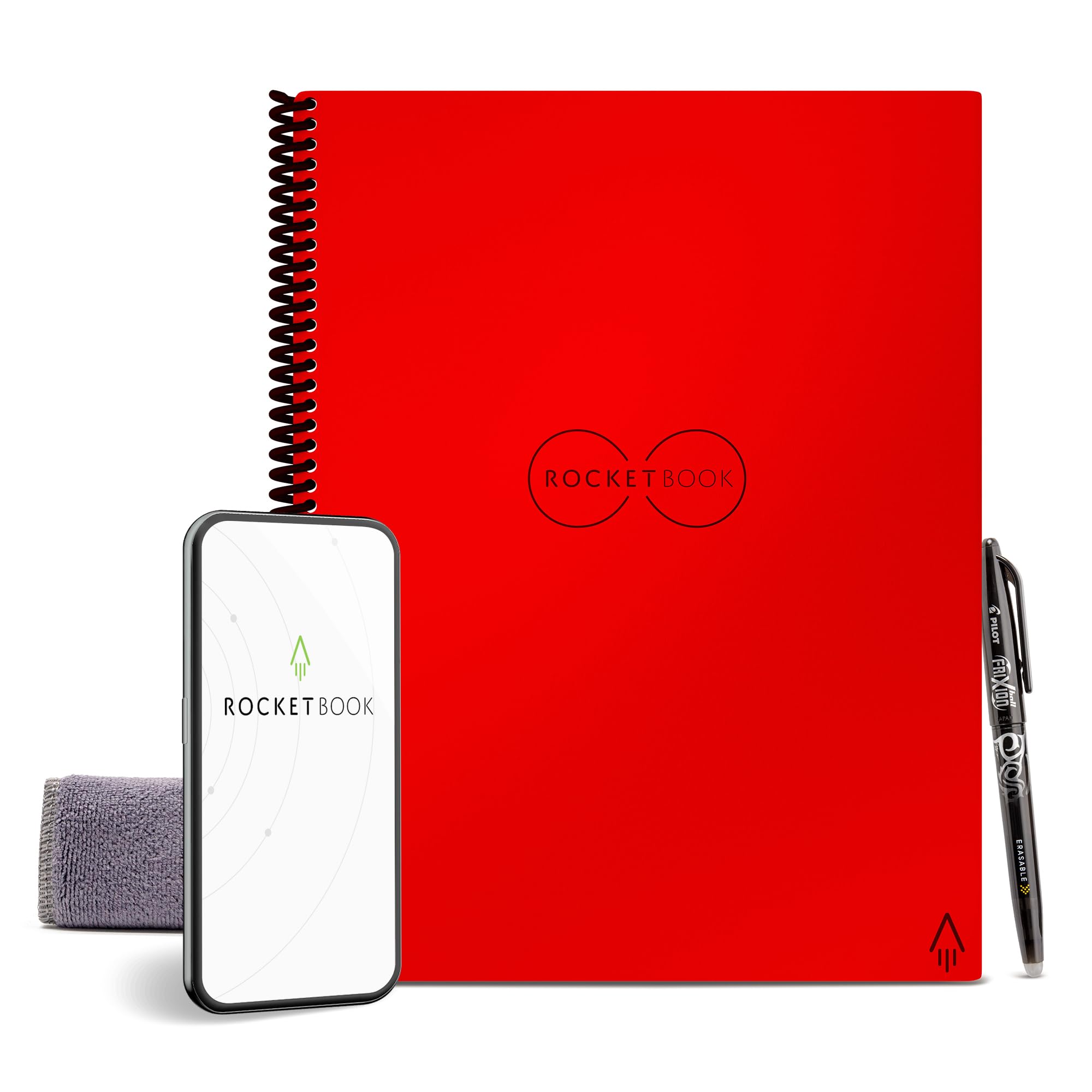 Rocketbook Reusable Digital Notebook - Smart Notepad A4 Red - Wirebound Note Book To Do List Pad, Dotted Paper with Frixion Erasable Pen and Wipe, Office Gadget App Reduce Paper Waste