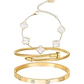 Niarezom 18K Gold Plated Four Leaf Clover Bracelet Bangle Set for Women Stack Bracelets Stainless Steel Bangle Set for Love Trendy Jewelry Gifts for Women (3 Sets(Bracelet,2Bangle))