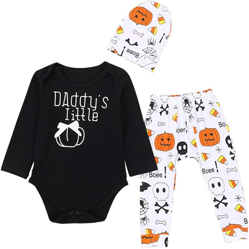 Baby Boys Halloween Clothes Infant Baby Boy Pumpkin Skull Print Bodysuit++Hat + Pant Outfit (Daddy's Little Pumpkin Tops, 12-18M)