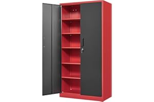 Yizosh Metal Garage Storage Cabinet with 2 Doors and 5 Adjustable Shelves - 71" Steel Lockable File Cabinet,Locking Tool Cabinets for Office,Home,Garage,Gym,School (Red Black)