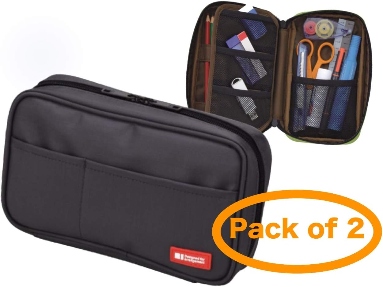 Set of 2! LIHIT LAB Pen Case, 7.9 x 2 x 4.7 inches, Black (A7551-24), Japanese quality Pen case